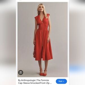 NWOT Anthropologie Red Cap-Sleeve Midi Dress with Pockets Shell 100% Cotton